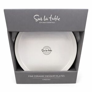 Sur La Table Fine Ceramic Dessert Plates 7.75” Set of 4 White Black Rim